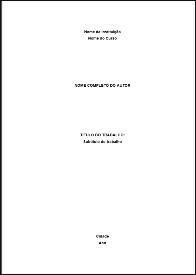 Modelo de capa de trabalho acadêmico com campos para instituição, curso, autor, título, cidade e ano